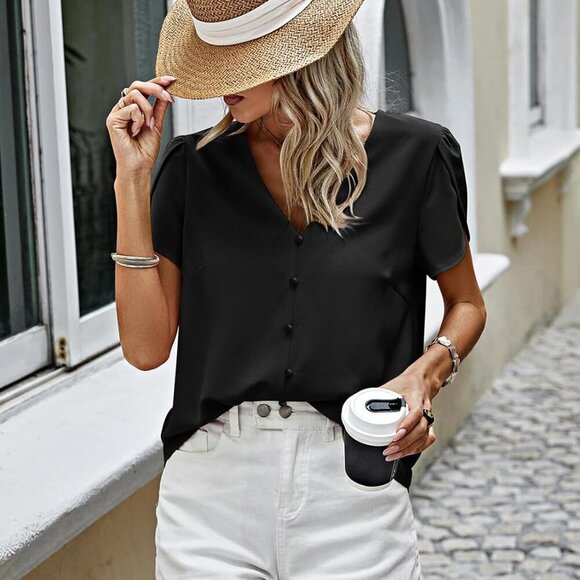 Short Sleeve Women's Blouse - Black, Small, Chiffon, Casual Dressy Spring Summer - Picture 4 of 7